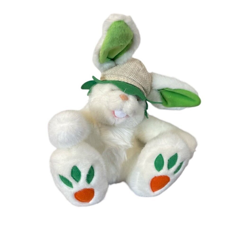 White Plush 12" Easter Bunny With Straw Hat By Mouse In The House Toys